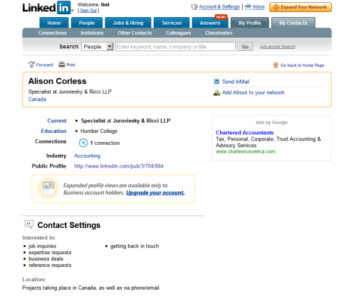 Alison Corless LinkedIn profile